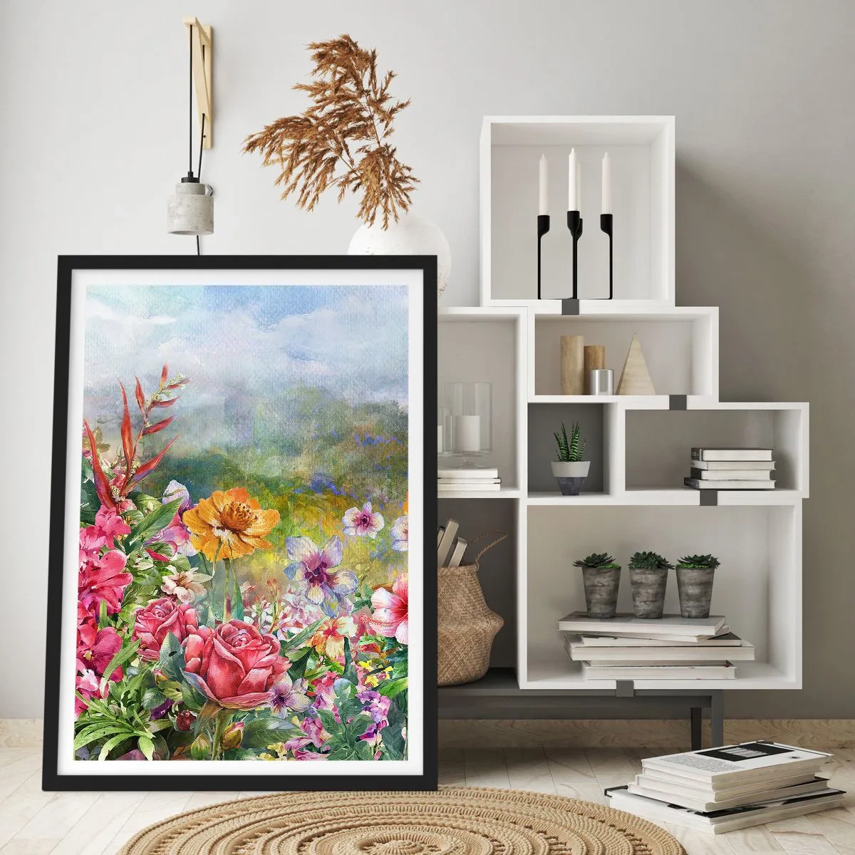Affiche dans un cadre noir - Poster - Un champ de fleurs par une journée ensoleillée - 50x70cm - Un jardin devenu fou - Décoration murale moderne pour le salon et la chambre ARTTOR