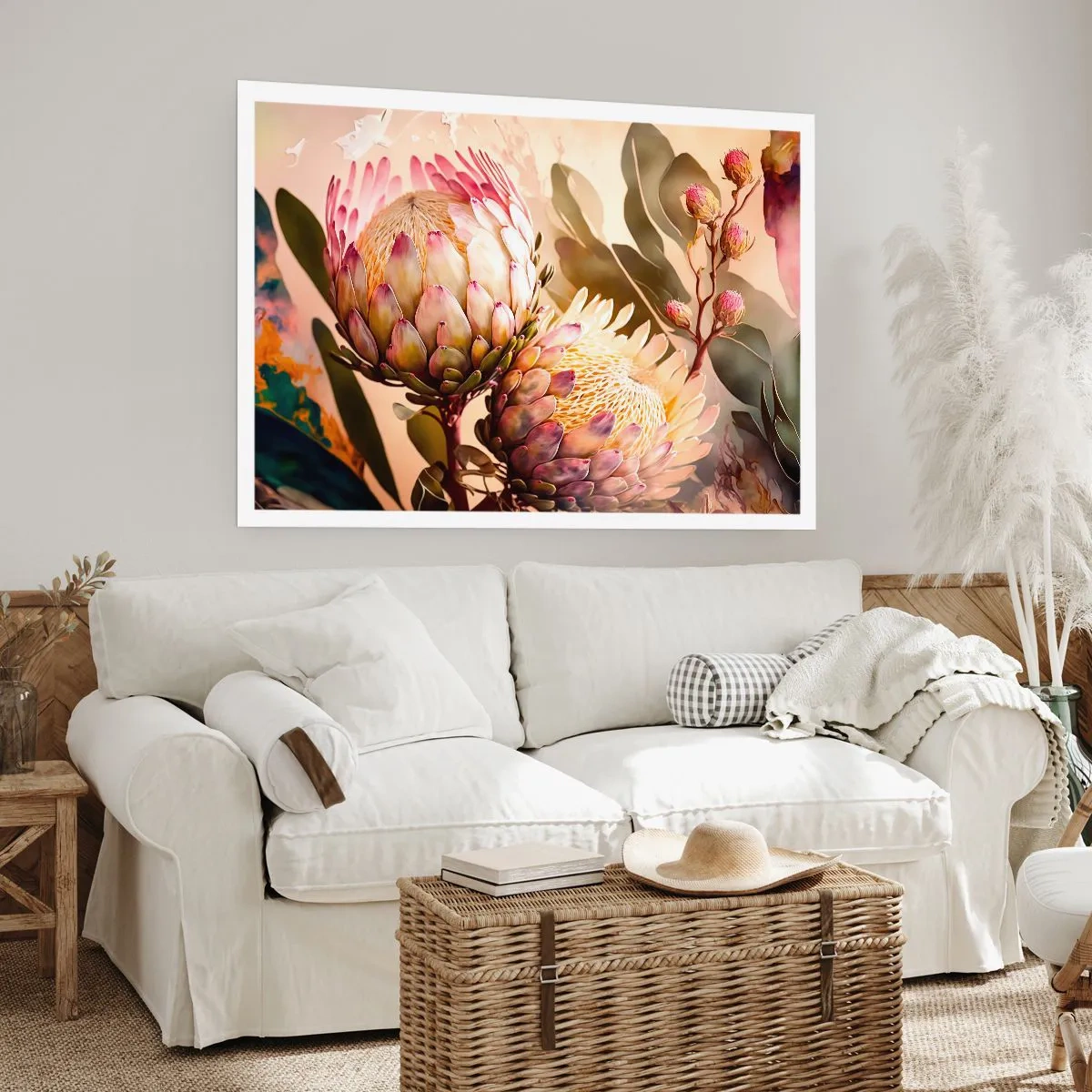 Affiche - Poster - Fleurs de protéa colorées sur un fond délicat - 100x70cm - Tendrement embrassé - Décoration murale moderne pour le salon et la chambre ARTTOR