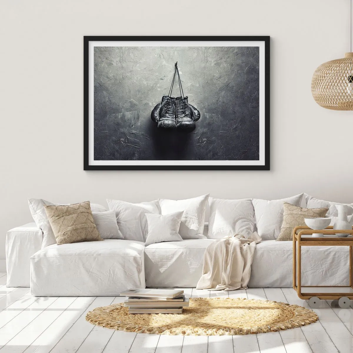 Affiche dans un cadre noir - Poster - De vieux gants de boxe contre le mur - 100x70cm - Un temps pour se battre et un temps pour la paix - Décoration murale moderne pour le salon et la chambre ARTTOR
