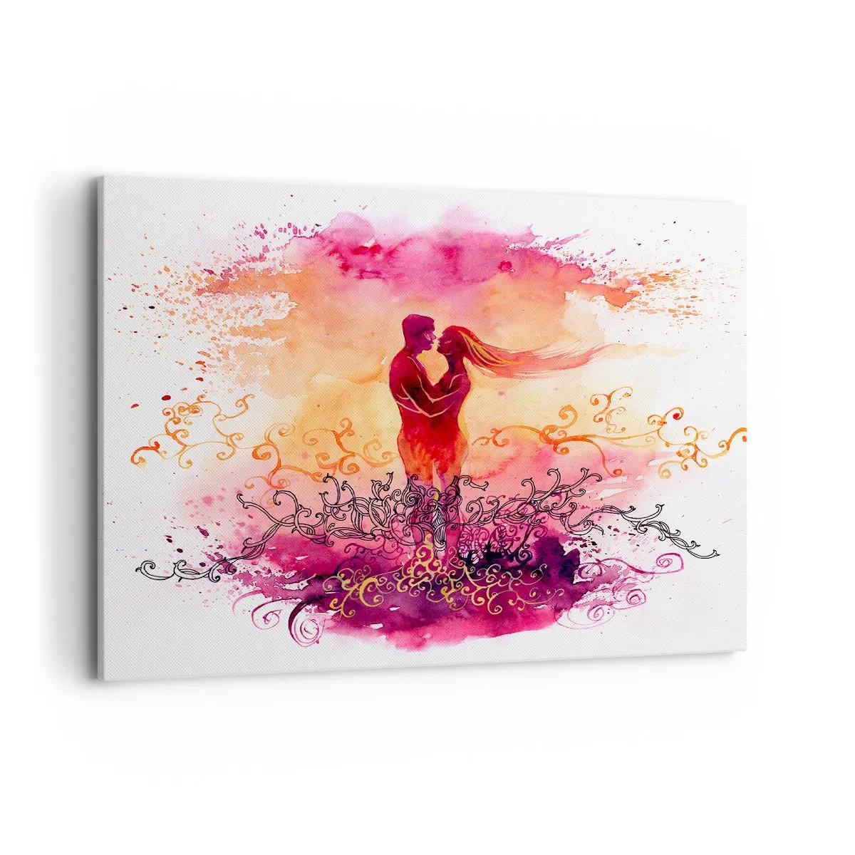 Impression sur toile - Image sur toile - Un couple s'embrassant sur un motif abstrait rose et orange - 100x70cm - Un coeur! Je n'ai pas besoin de beaucoup… - Décoration murale moderne pour le salon et la chambre ARTTOR
