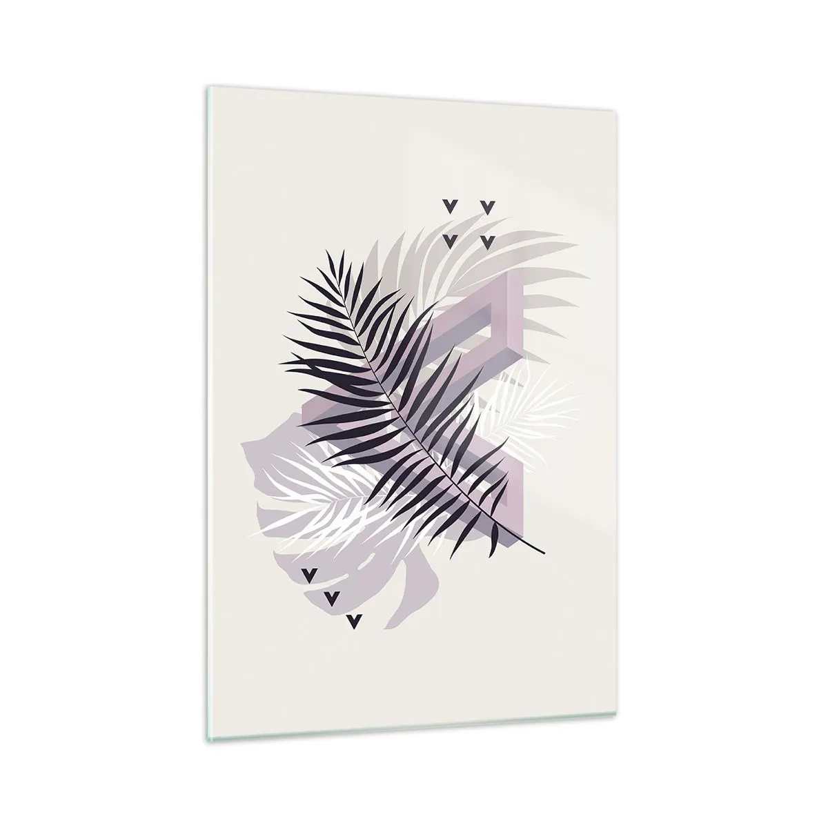 Impression sur verre - Image sur verre - Une composition minimaliste avec des feuilles de palmier et des formes géométriques. - 50x70cm - L'ombre de l'obscurité - Décoration murale moderne pour le salon et la chambre ARTTOR