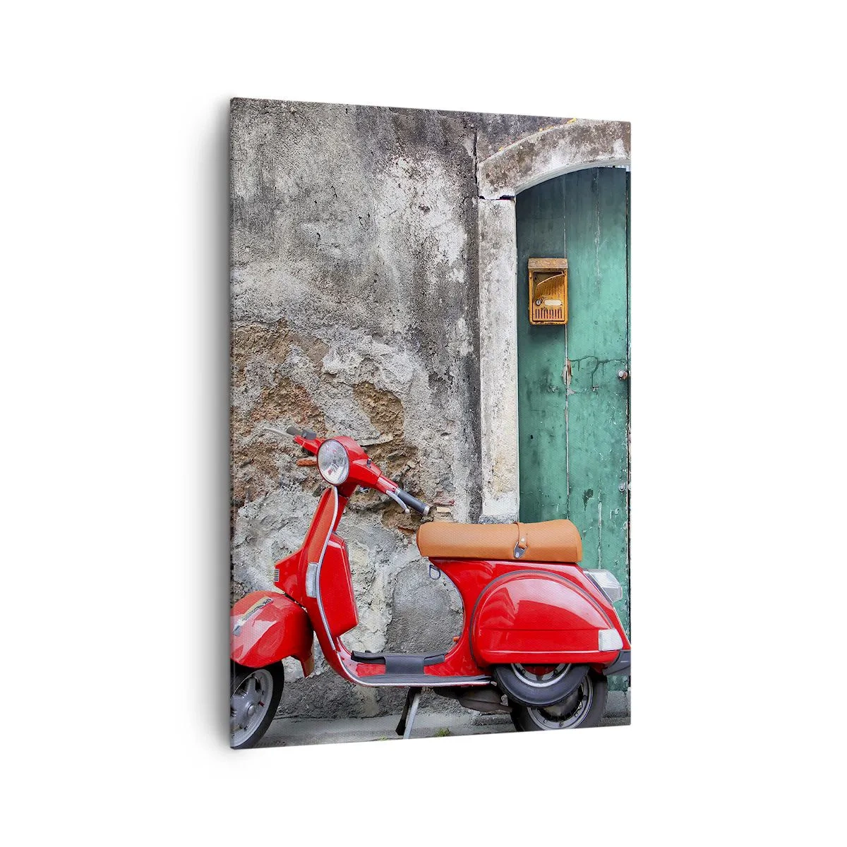 Impression sur toile - Image sur toile - Scooter rouge près de la porte verte - 70x100cm - Vacances italiennes - Décoration murale moderne pour le salon et la chambre ARTTOR