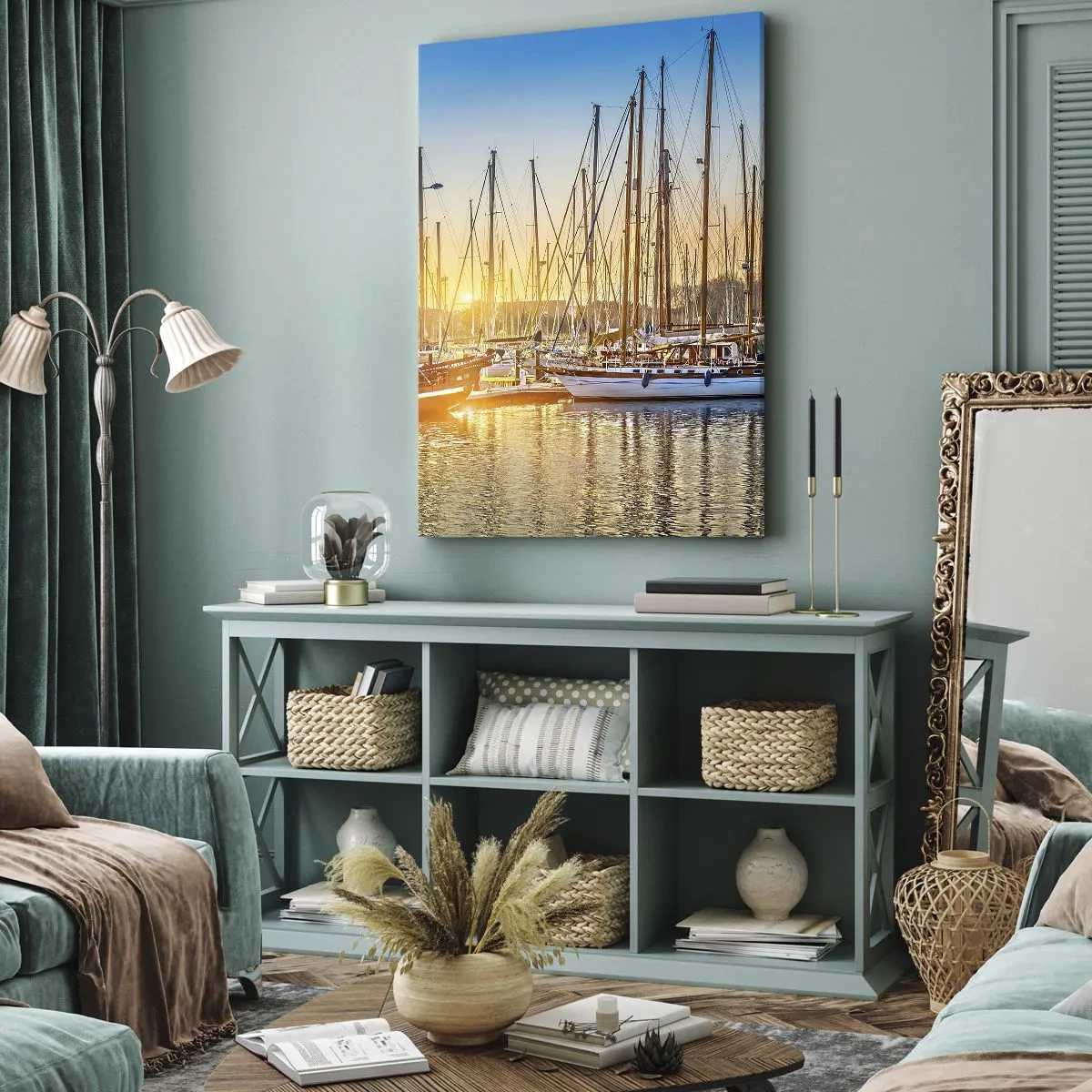 Impression sur toile - Image sur toile - Coucher de soleil sur une marina pleine de voiliers - 50x70cm - Le vent aussi doit dormir - Décoration murale moderne pour le salon et la chambre ARTTOR