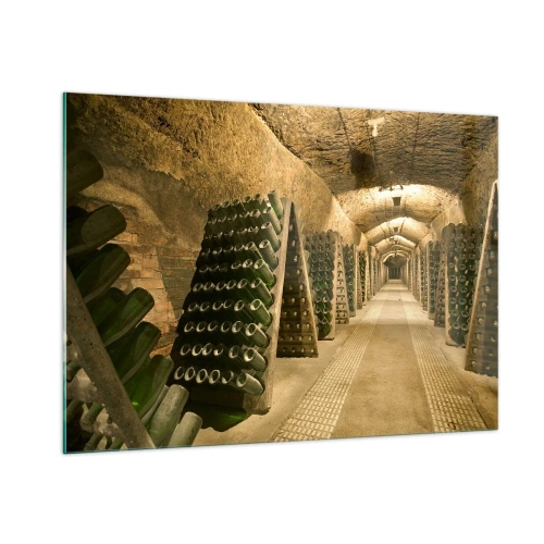 Impression sur verre - Image sur verre - Une cave avec des bouteilles de vin vieillissant en rangées - 100x70cm - L'éveil du goût - Décoration murale moderne pour le salon et la chambre ARTTOR