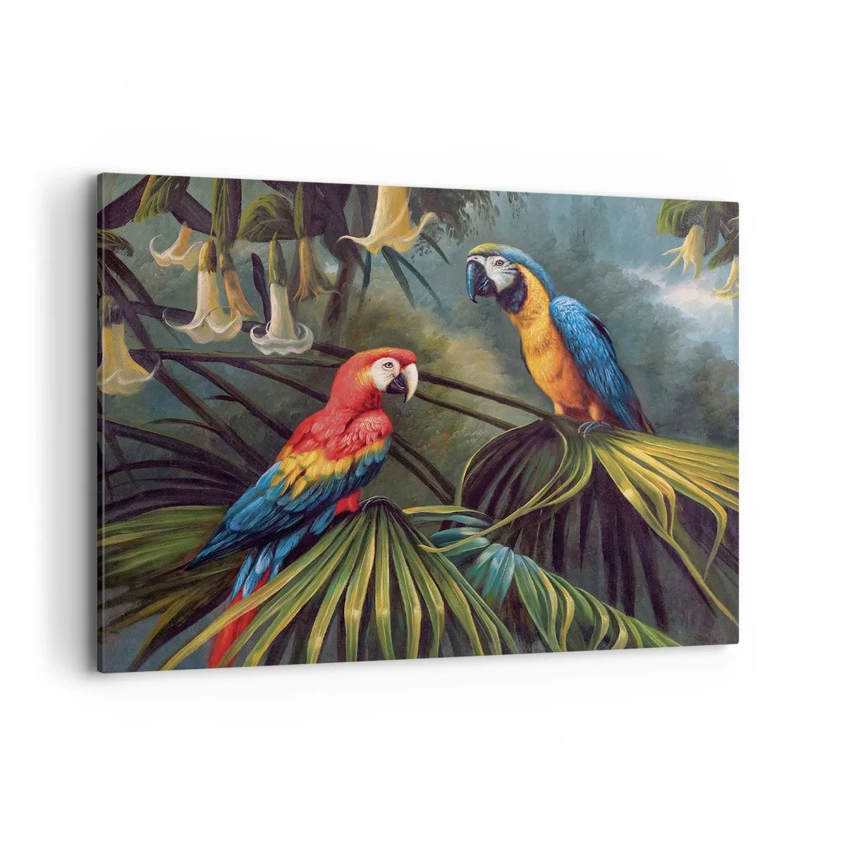 Impression sur toile - Image sur toile - Perroquets dans une forêt tropicale avec des fleurs exotiques en arrière-plan - 100x70cm - Romantisme dans les tropiques - Décoration murale moderne pour le salon et la chambre ARTTOR