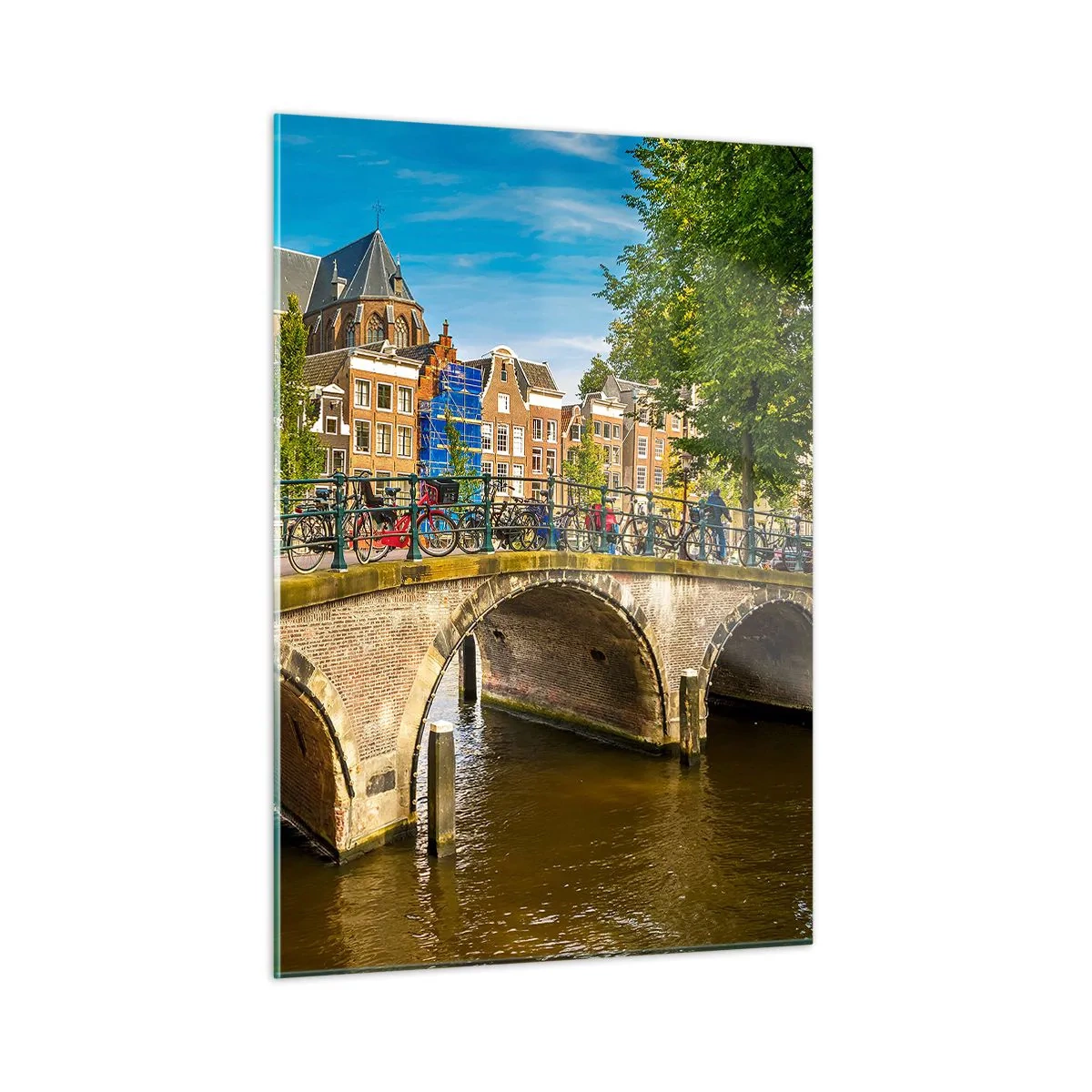 Impression sur verre - Image sur verre - Un pont sur un canal entouré d'architecture historique et de verdure - 50x70cm - Le printemps sur le canal - Décoration murale moderne pour le salon et la chambre ARTTOR