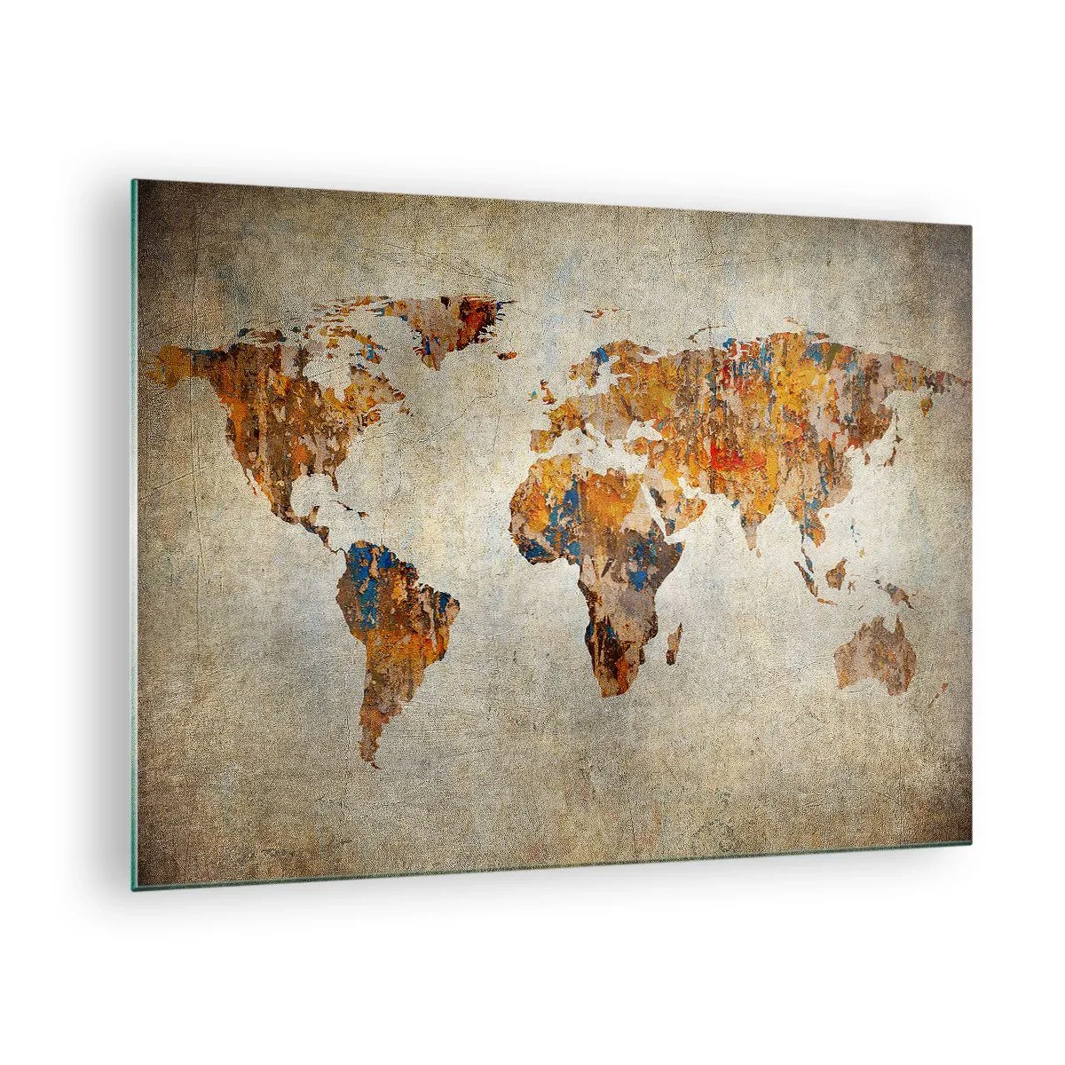Impression sur verre - Image sur verre - Carte du monde artistique aux tons chauds - 70x50cm - Un monde vraiment immense - Décoration murale moderne pour le salon et la chambre ARTTOR