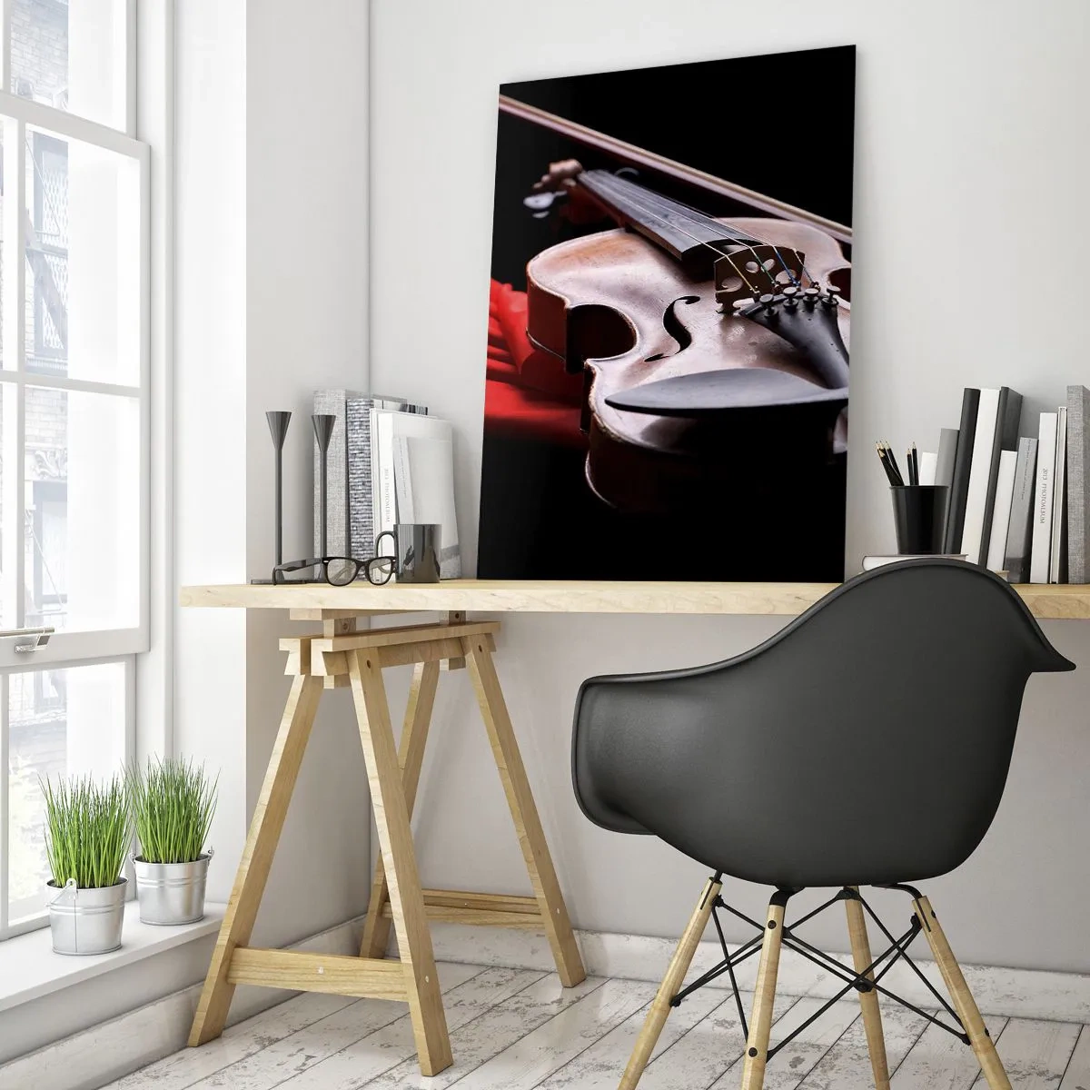 Impression sur verre - Image sur verre - Violon sur tissu rouge avec fond noir - 70x100cm - Musique des sentiments - Décoration murale moderne pour le salon et la chambre ARTTOR