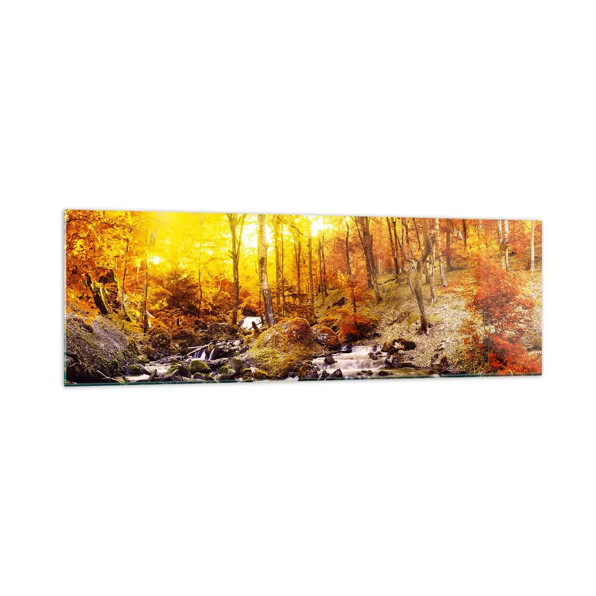 Impression sur verre - Image sur verre - Forêt d'automne avec un ruisseau parmi les feuilles dorées - 160x50cm - Pierres serties d'or et de platine - Décoration murale moderne pour le salon et la chambre ARTTOR