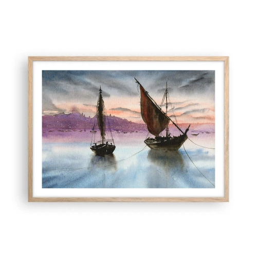 Affiche dans un chêne clair - Poster - Soirée au port - 70x50 cm