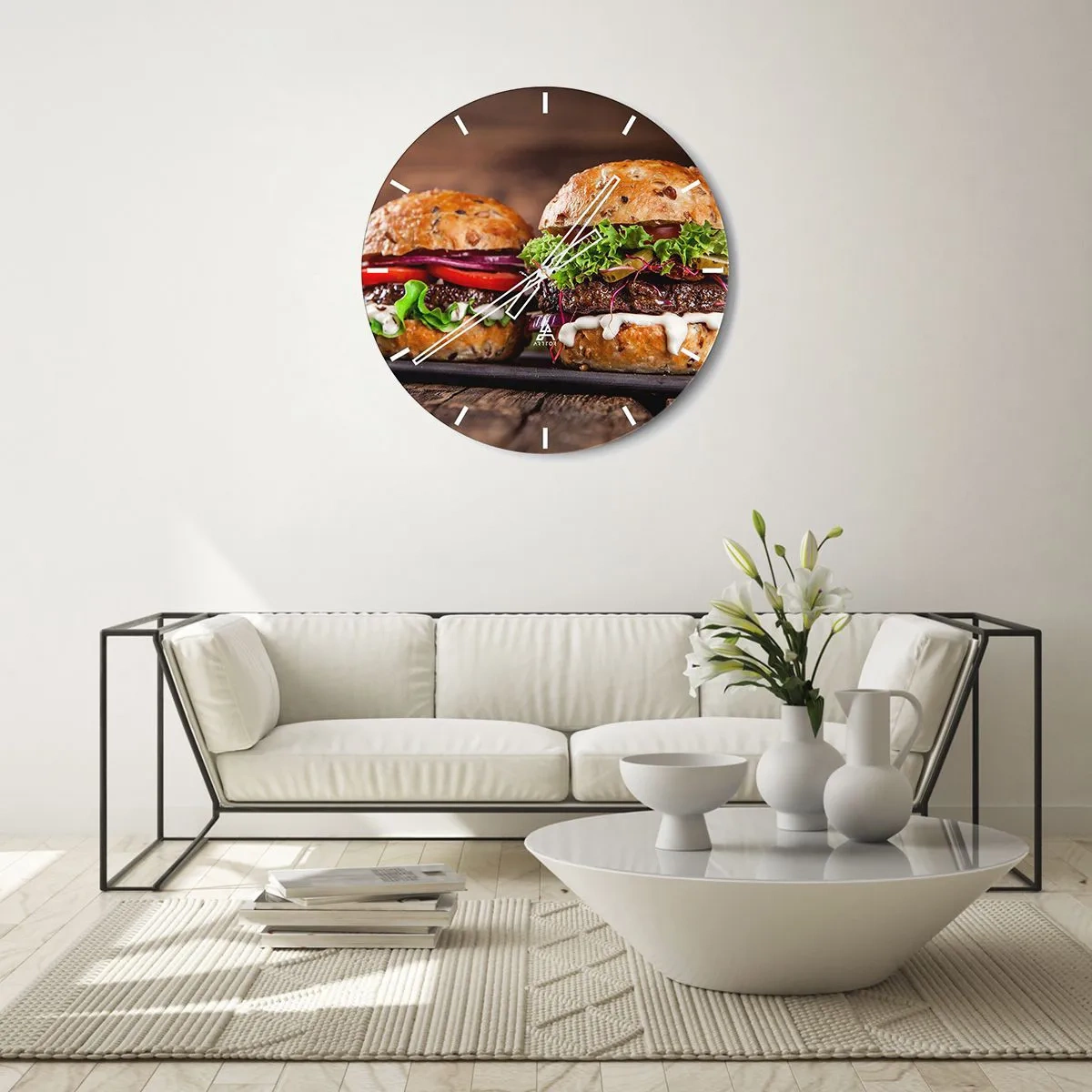 Horloge murale - Pendule murale - Burgers appétissants sur fond de bois - 30x30cm - American dream - Décoration murale moderne pour le salon, la cuisine et la chambre ARTTOR