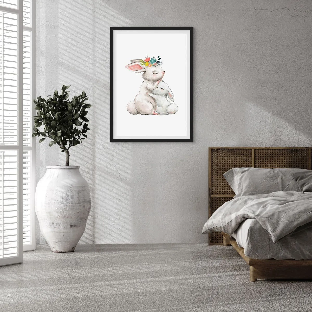 Affiche dans un cadre noir - Poster - Deux lapins enlacés avec une couronne de fleurs sur la tête - 50x70cm - Maman irremplaçable - Décoration murale moderne pour le salon et la chambre ARTTOR