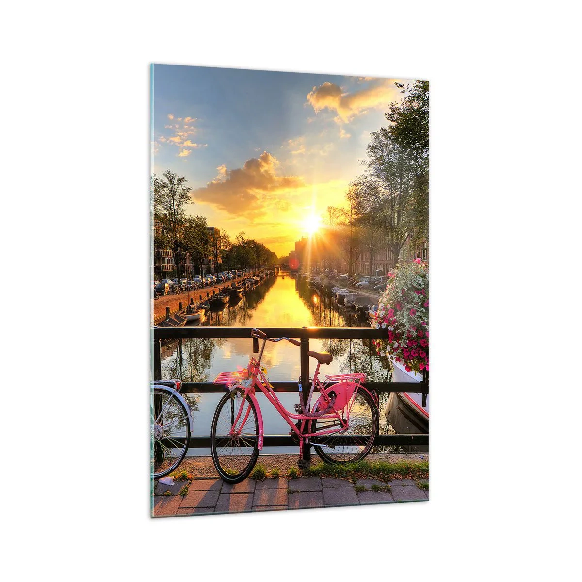 Impression sur verre - Image sur verre - Des vélos sur un pont à la lueur du soleil couchant - 70x100cm - Matin de printemps à Amsterdam - Décoration murale moderne pour le salon et la chambre ARTTOR