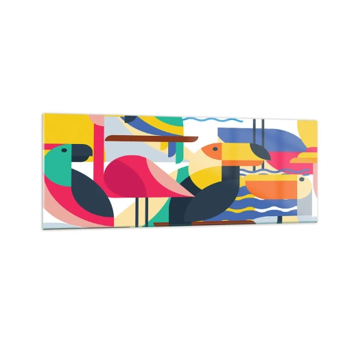 Impression sur verre - Image sur verre - Oiseaux colorés dans une composition abstraite et géométrique - 140x50cm - Fête des oiseaux - Décoration murale moderne pour le salon et la chambre ARTTOR