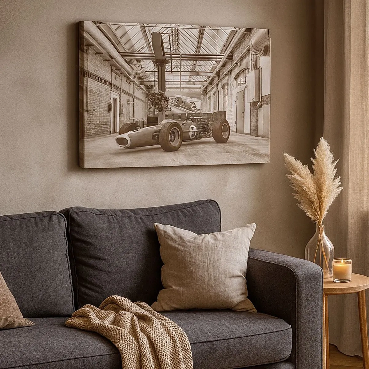 Impression sur toile - Image sur toile - Voiture de course noire et blanche dans un intérieur industriel - 70x50cm - Le repos du guerrier - Décoration murale moderne pour le salon et la chambre ARTTOR