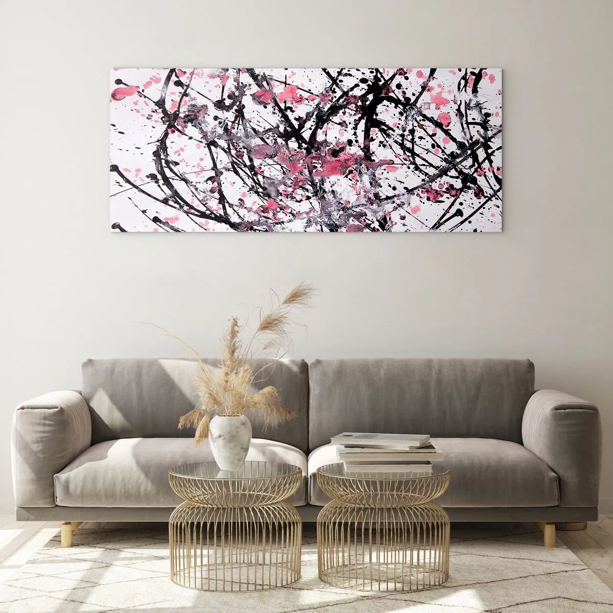 Impression sur verre - Image sur verre - Motif abstrait dans les tons de rose, noir et blanc - 160x50cm - La nature éphémère de la vie - Décoration murale moderne pour le salon et la chambre ARTTOR