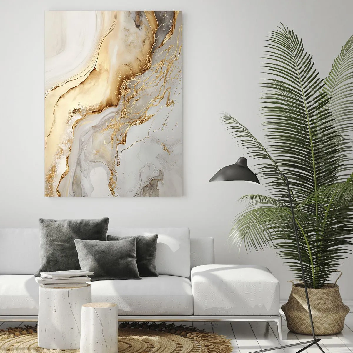 Impression sur verre - Image sur verre - Des stries abstraites dorées et beiges sur un fond clair - 50x70cm - Abstraction : beauté et bonté - Décoration murale moderne pour le salon et la chambre ARTTOR