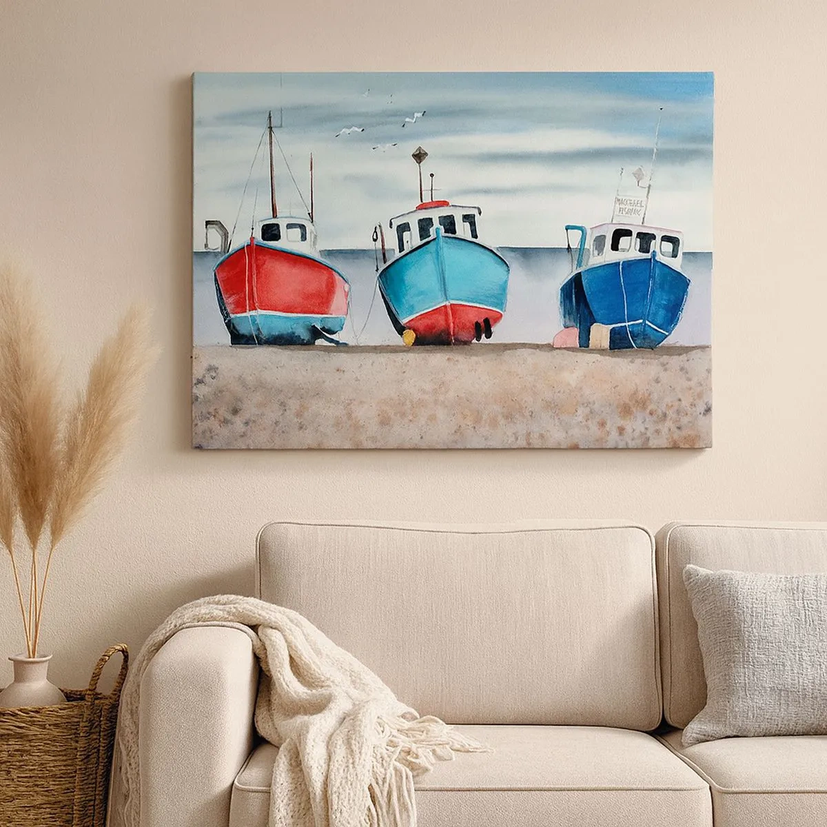 Impression sur toile - Image sur toile - Bateaux de pêche colorés sur le rivage dans un paysage marin - 70x50cm - Prêt pour la pêche - Décoration murale moderne pour le salon et la chambre ARTTOR