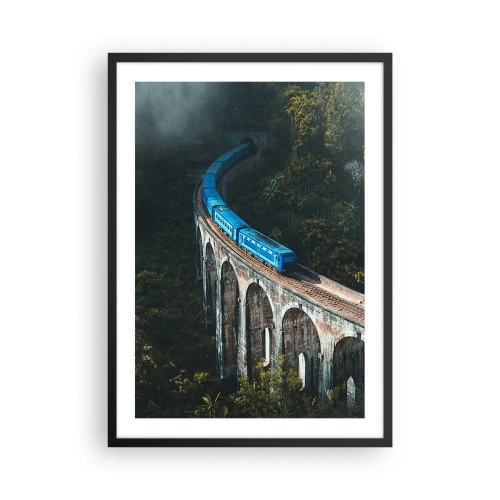Affiche dans un cadre noir - Poster - Un train bleu passant sur un viaduc pittoresque - 50x70cm - Train nature - Décoration murale moderne pour le salon et la chambre ARTTOR