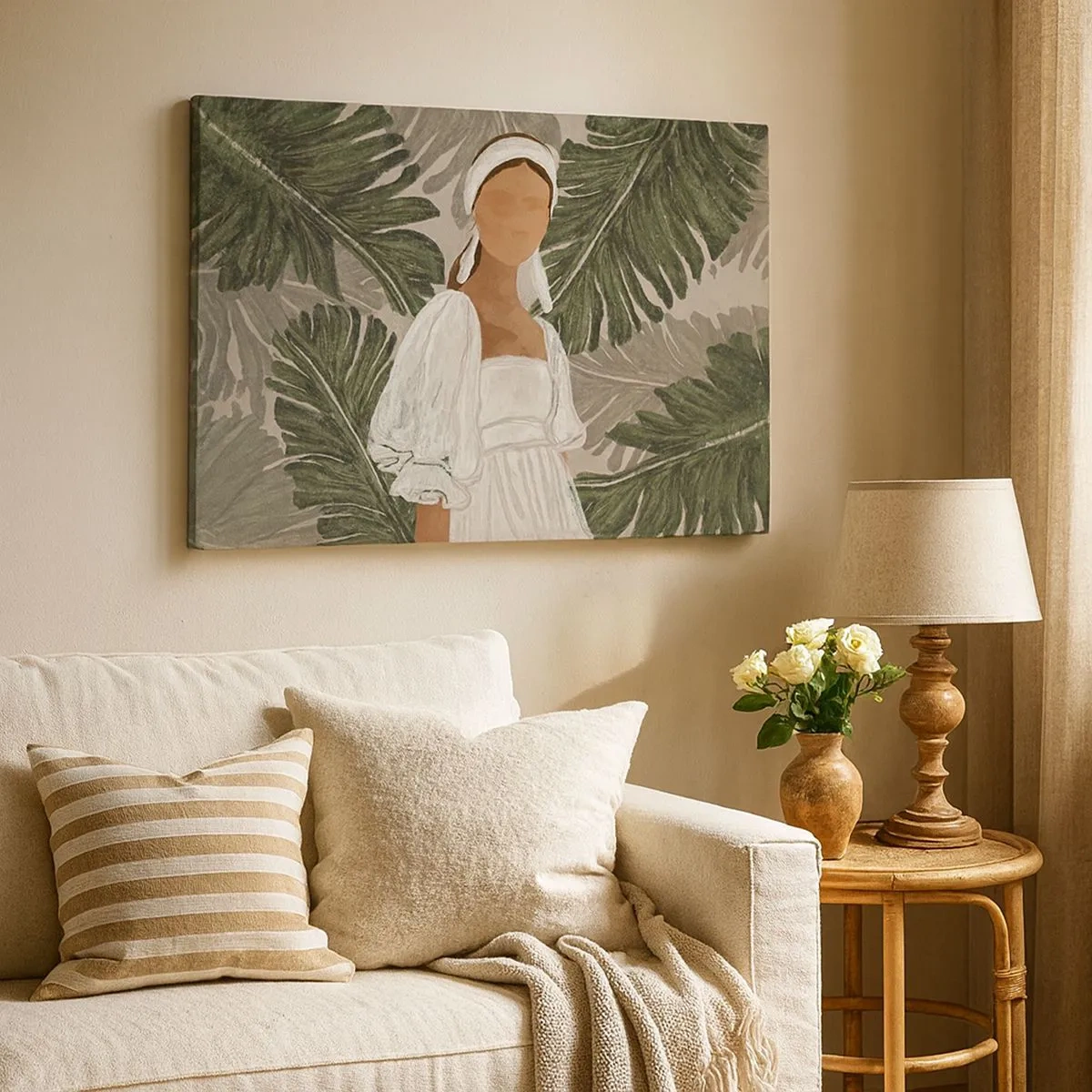 Impression sur toile - Image sur toile - Portrait d'une femme en robe blanche sur fond de feuilles de monstera - 70x50cm - Portrait exotique - Décoration murale moderne pour le salon et la chambre ARTTOR