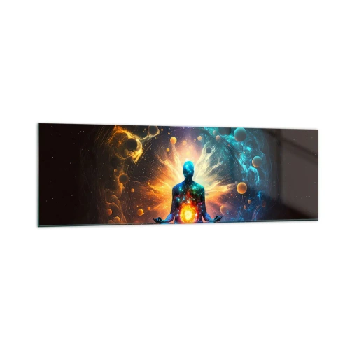 Impression sur verre - Image sur verre - Une figure en méditation entourée d'une aura cosmique - 160x50cm - Paix cosmique - Décoration murale moderne pour le salon et la chambre ARTTOR