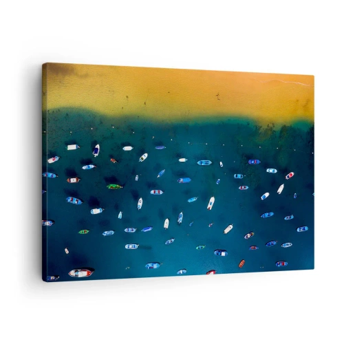 Impression sur toile - Image sur toile - Vue aérienne de bateaux sur l'eau et d'un rivage sablonneux - 70x50cm - Jeu de vacances - Décoration murale moderne pour le salon et la chambre ARTTOR