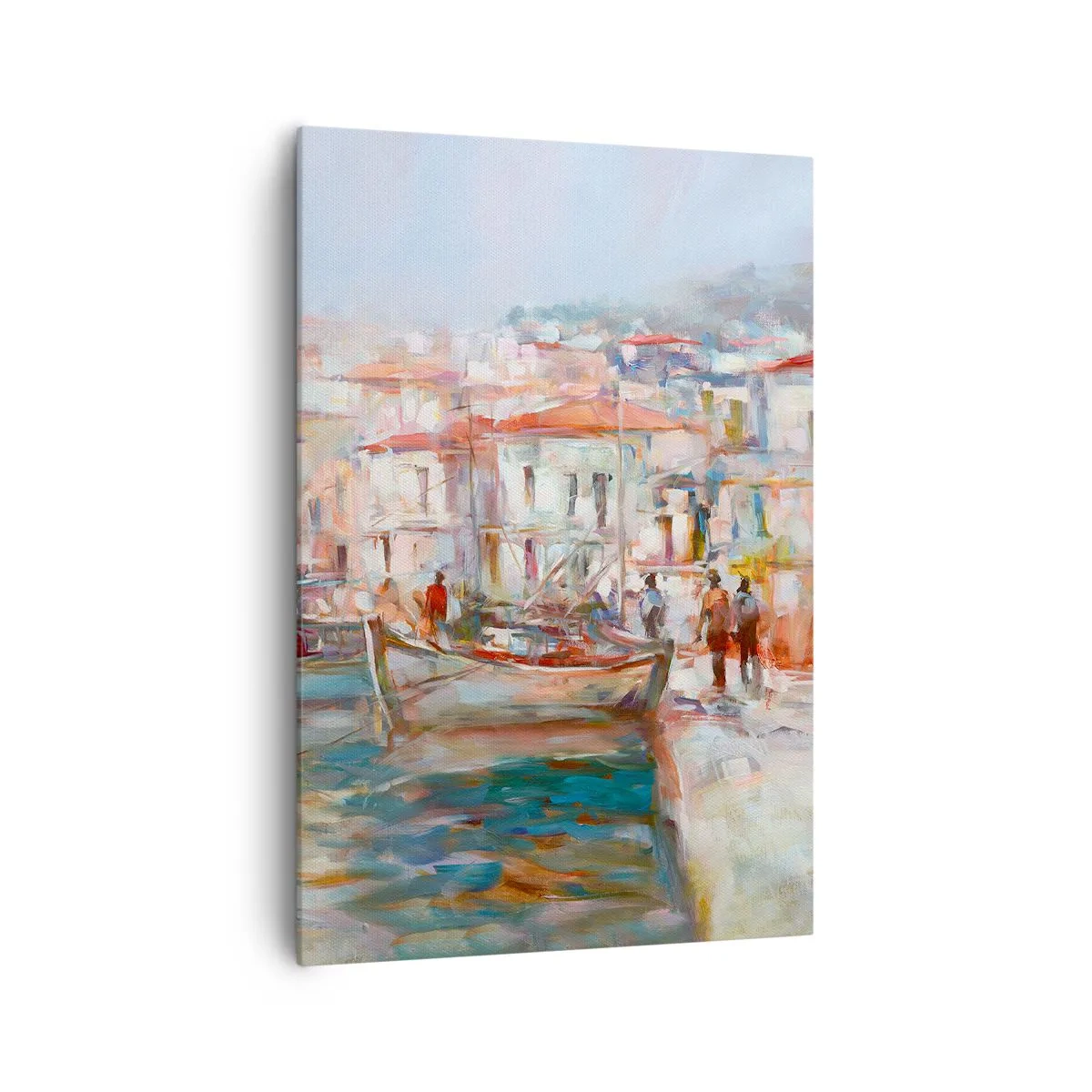 Impression sur toile - Image sur toile - Impression de port avec bateaux et bâtiments - 70x100cm - Vacances pastelles - Décoration murale moderne pour le salon et la chambre ARTTOR