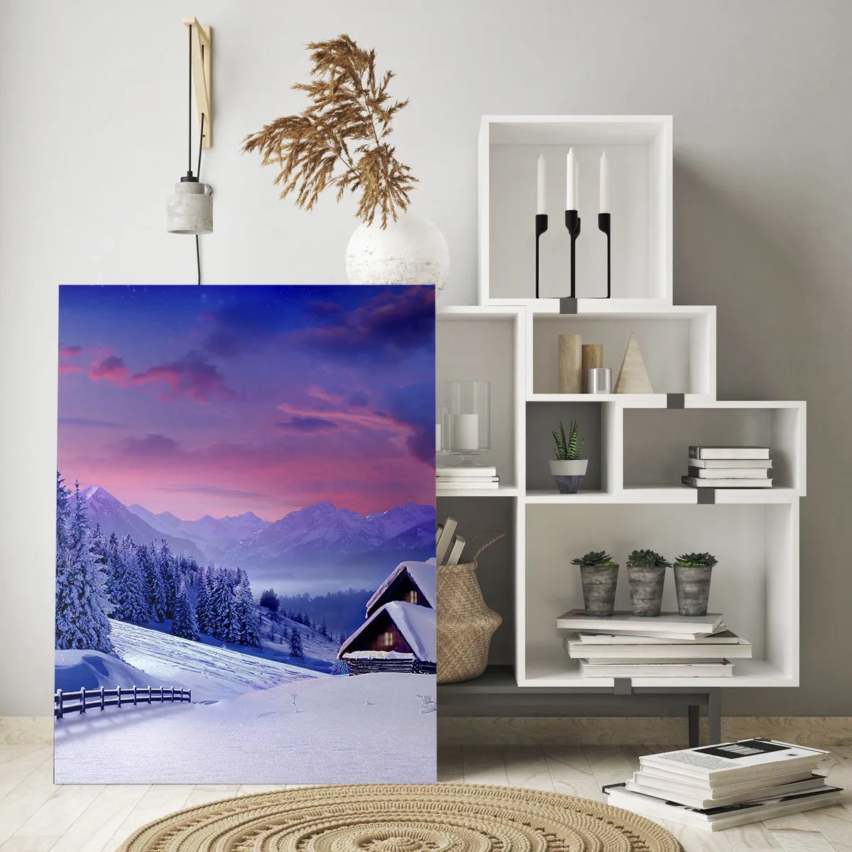 Impression sur verre - Image sur verre - Paysage d'hiver avec un chalet et des montagnes enneigées - 50x70cm - Douce nuit - Décoration murale moderne pour le salon et la chambre ARTTOR