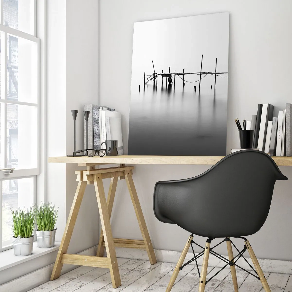 Impression sur verre - Image sur verre - Une jetée noire et blanche immergée dans un paysage brumeux - 80x120cm - Et s'il n'y avait pas de monde ? - Décoration murale moderne pour le salon et la chambre ARTTOR