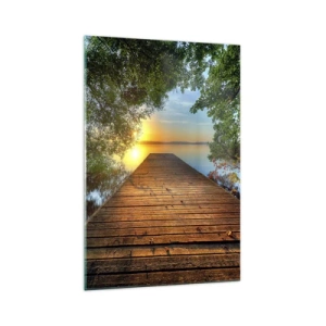 Impression sur verre - Image sur verre - Une jetée en bois entourée de verdure au coucher du soleil - 70x100cm - Prenez votre temps, asseyez-vous - Décoration murale moderne pour le salon et la chambre ARTTOR