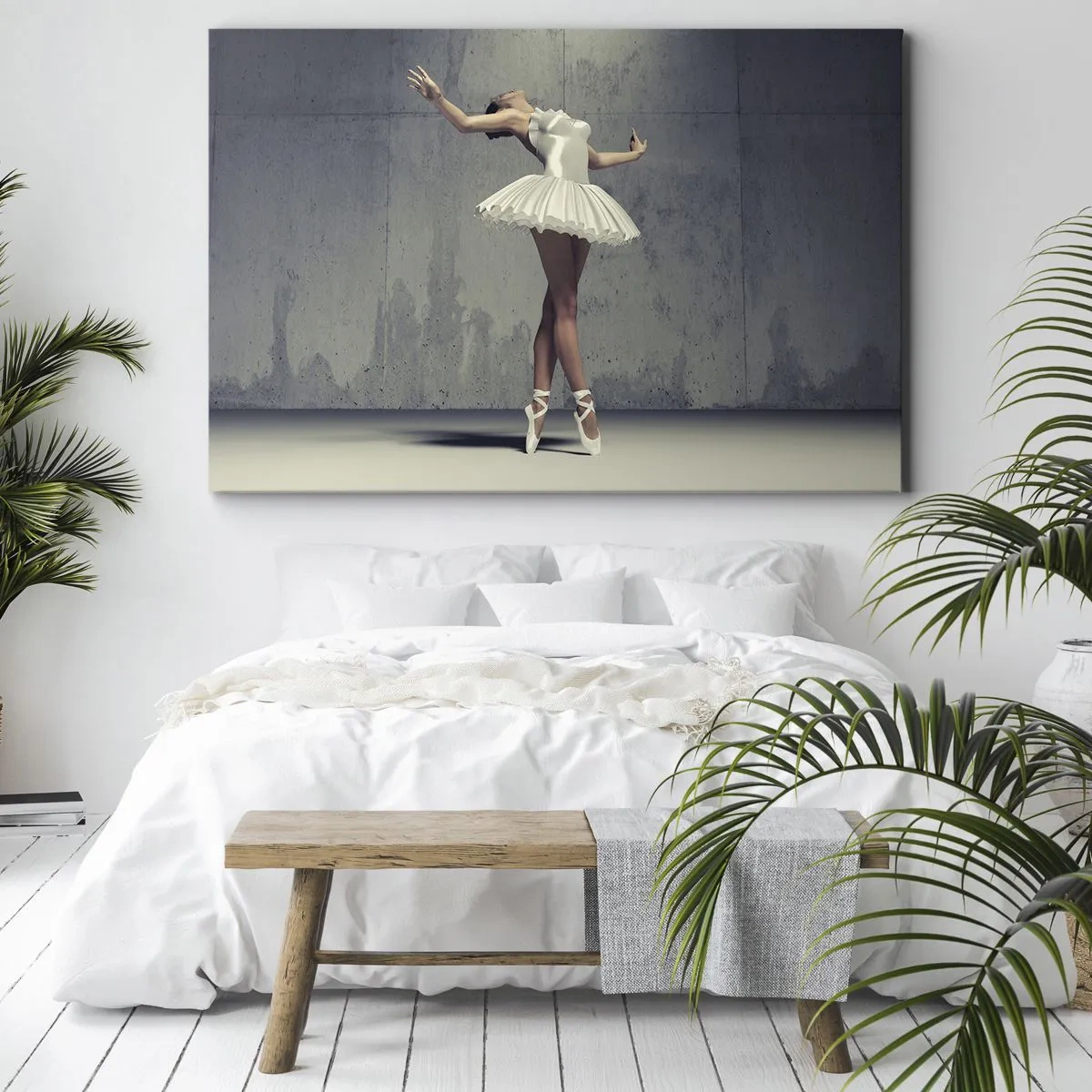 Impression sur toile - Image sur toile - Une danseuse de ballet en robe blanche contre un mur brut. - 70x50cm - Léger comme un oiseau - Décoration murale moderne pour le salon et la chambre ARTTOR
