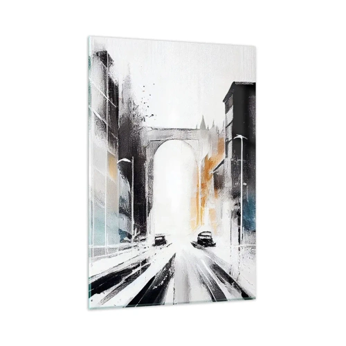 Impression sur verre - Image sur verre - Panorama abstrait de la ville avec un pont en arc - 80x120cm - Étude de ville : architecture et mouvement - Décoration murale moderne pour le salon et la chambre ARTTOR