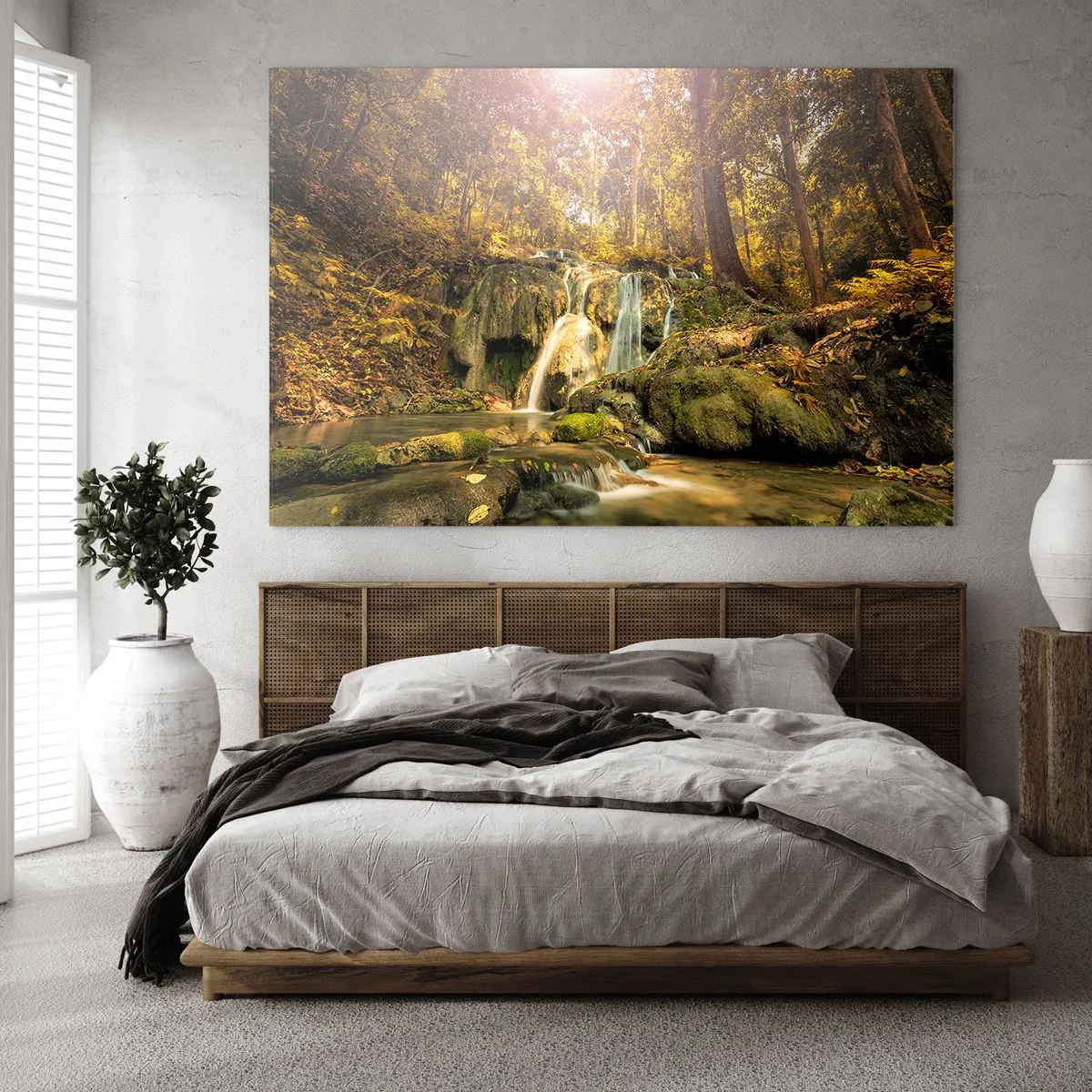 Impression sur verre - Image sur verre - Cascade forestière dans la verdure - 120x80cm - Cascade de forêt en vert - Décoration murale moderne pour le salon et la chambre ARTTOR