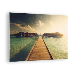 Impression sur verre - Image sur verre - La jetée menant aux chalets au bord de l'eau au coucher du soleil - 70x50cm - Invitation chaleureuse - Décoration murale moderne pour le salon et la chambre ARTTOR