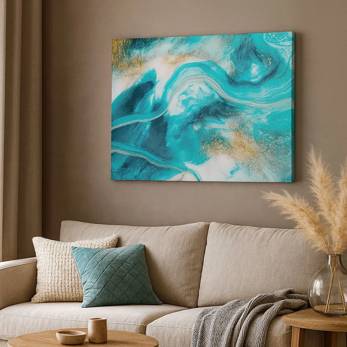 Impression sur toile - Image sur toile - Abstraction turquoise avec des accents blancs et dorés - 70x50cm - Rivière d'or - Décoration murale moderne pour le salon et la chambre ARTTOR