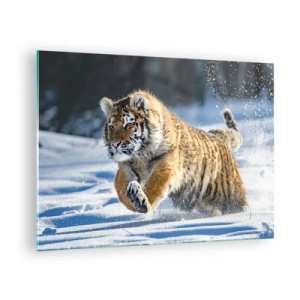 Impression sur verre - Image sur verre - Un tigre de Sibérie court dans la neige dans un paysage hivernal. - 70x50cm - Dieu de la taïga sibérienne - Décoration murale moderne pour le salon et la chambre ARTTOR