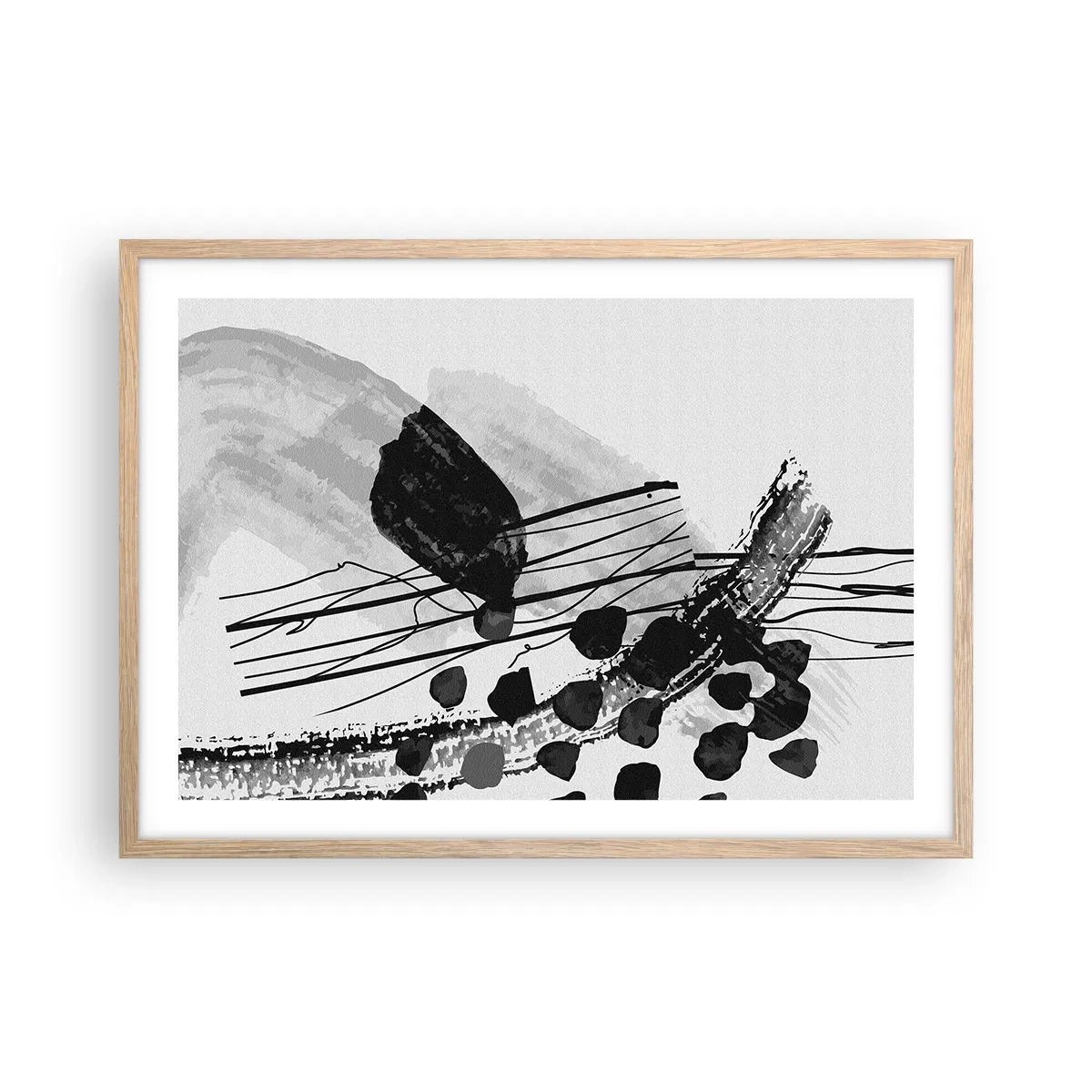 Affiche dans un chêne clair - Poster - Abstraction organique noir et blanc - 70x50 cm