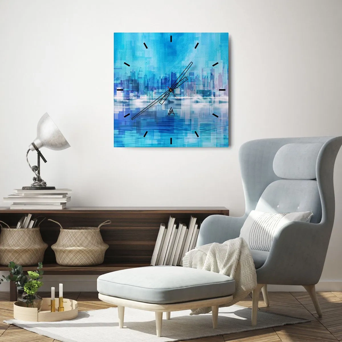 Horloge murale - Pendule murale - Panorama urbain abstrait dans des tons bleus - 30x30cm - Noyé dans le bleu - Décoration murale moderne pour le salon et la chambre ARTTOR