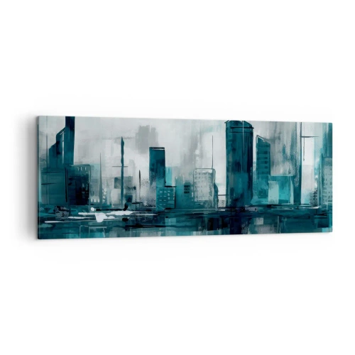 Impression sur toile - Image sur toile - Une ville moderne aux tons turquoise et gris - 140x50cm - Une ville couleur de pluie - Décoration murale moderne pour le salon et la chambre ARTTOR