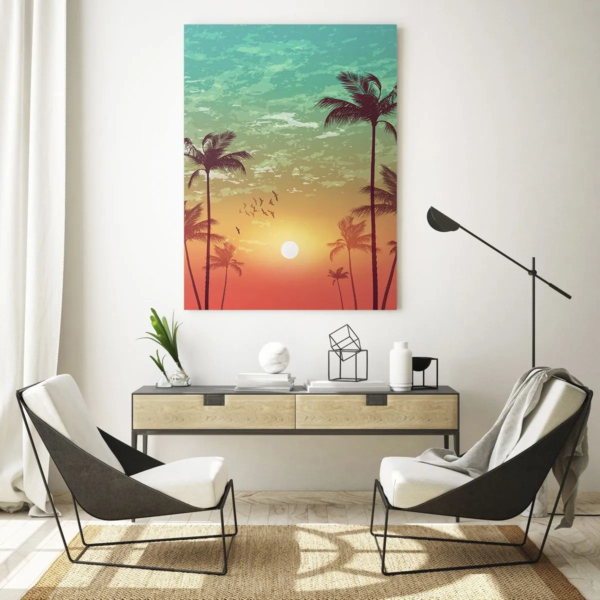 Impression sur verre - Image sur verre - Illustration de palmiers au coucher du soleil - 50x70cm - Ambiance tropicale - Décoration murale moderne pour le salon et la chambre ARTTOR