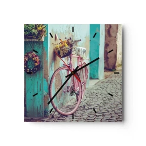 Horloge murale - Pendule murale - Un vélo rose près d'une porte turquoise - 30x30cm - Je reviens tout de suite - Décoration murale moderne pour le salon et la chambre ARTTOR