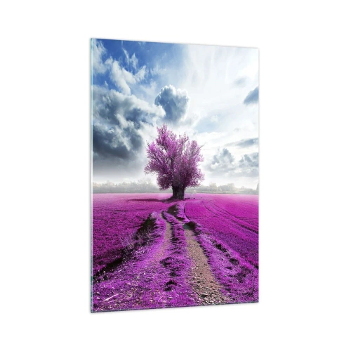 Impression sur verre - Image sur verre - Un arbre solitaire dans un champ dans une nuance de rose intense - 70x100cm - Lande - nature sauvage - Décoration murale moderne pour le salon et la chambre ARTTOR
