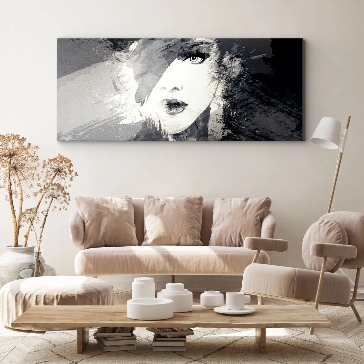 Impression sur toile - Image sur toile - Un portrait abstrait d'une femme dans des tons de gris avec des accents délicats. - 120x50cm - Derrière un voile gris - Décoration murale moderne pour le salon et la chambre ARTTOR