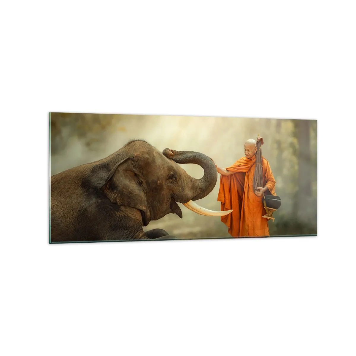 Impression sur verre - Image sur verre - Un moine et un éléphant en harmonie avec la nature en toile de fond - 120x50cm - Rencontre en voyageant - Décoration murale moderne pour le salon et la chambre ARTTOR