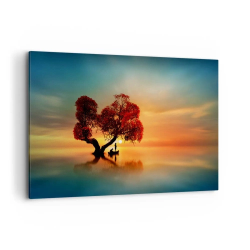 Impression sur toile - Image sur toile - Un arbre à feuilles rouges et un bateau sur l'eau au coucher du soleil - 120x80cm - Plénitude et éloignement sans monde - Décoration murale moderne pour le salon et la chambre ARTTOR