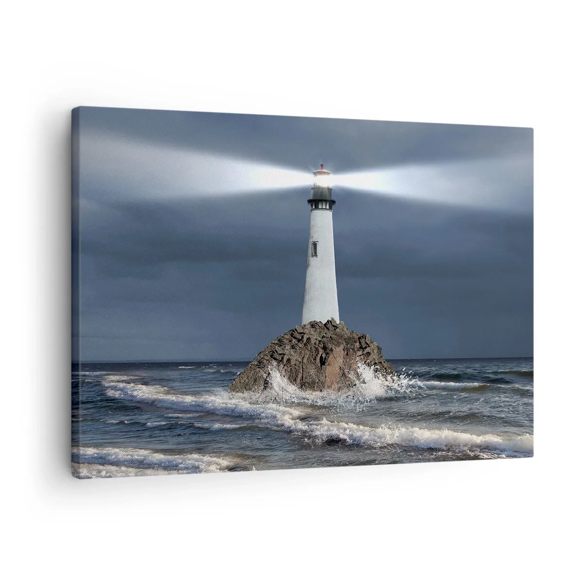 Impression sur toile - Image sur toile - Un phare sur un rocher entouré d'une mer agitée - 70x50cm - I… i… ici ! - Décoration murale moderne pour le salon et la chambre ARTTOR