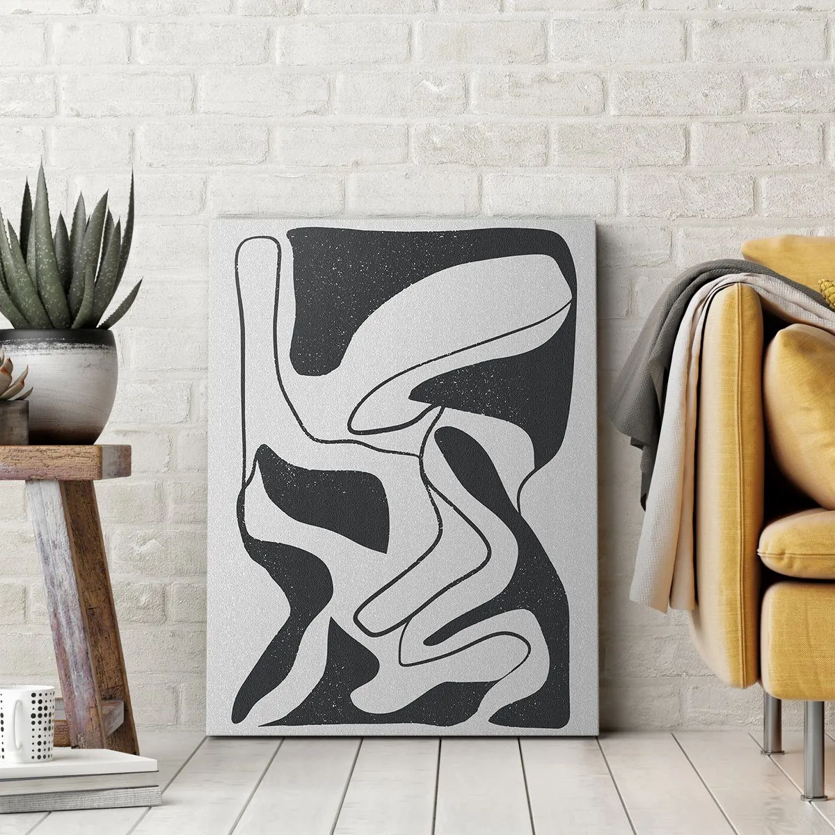 Impression sur toile - Image sur toile - Abstraction en noir et blanc avec des formes organiques - 50x70cm - Amusement de labyrinthe abstrait - Décoration murale moderne pour le salon et la chambre ARTTOR