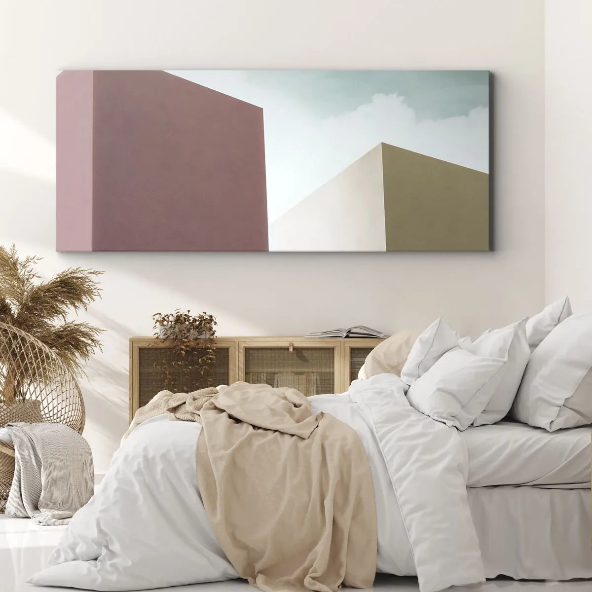 Impression sur toile - Image sur toile - Architecture minimaliste avec des blocs pastel et du ciel - 120x50cm - La géométrie d'un été ensoleillé - Décoration murale moderne pour le salon et la chambre ARTTOR