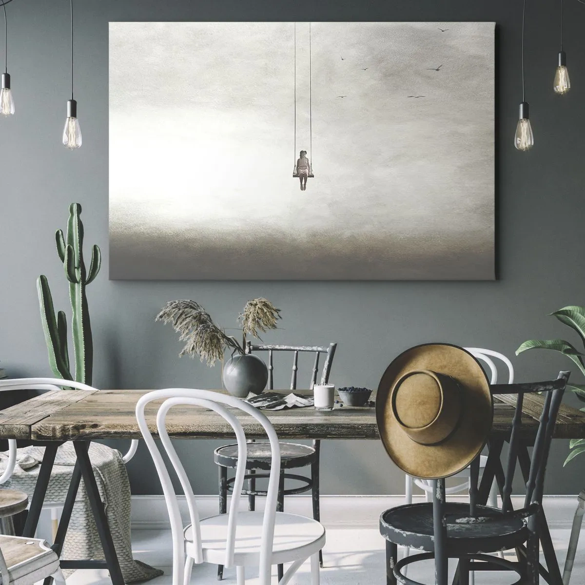 Impression sur toile - Image sur toile - Une figure sur une balançoire suspendue dans l'espace - 120x80cm - Enfant en nous - Décoration murale moderne pour le salon et la chambre ARTTOR