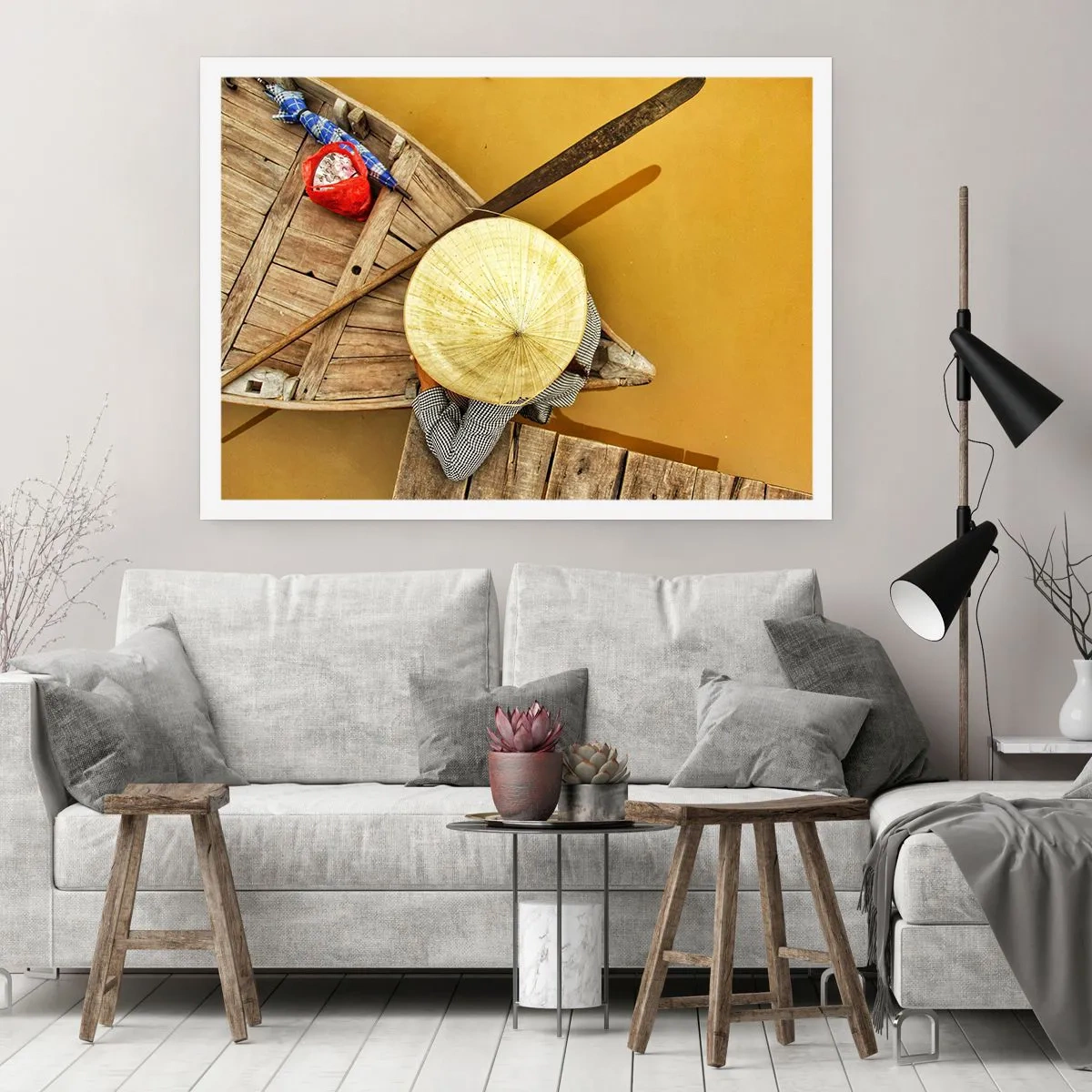 Affiche - Poster - Un bateau traditionnel vu à vol d'oiseau - 100x70cm - La vie sur le fleuve Jaune - Décoration murale moderne pour le salon et la chambre ARTTOR